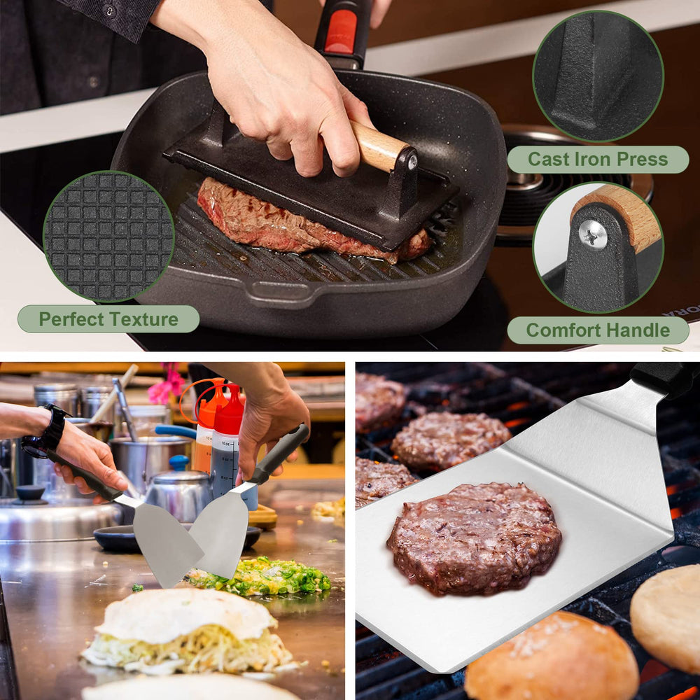 EWFEN griddle tools in use flipping burgers for faster cooking control