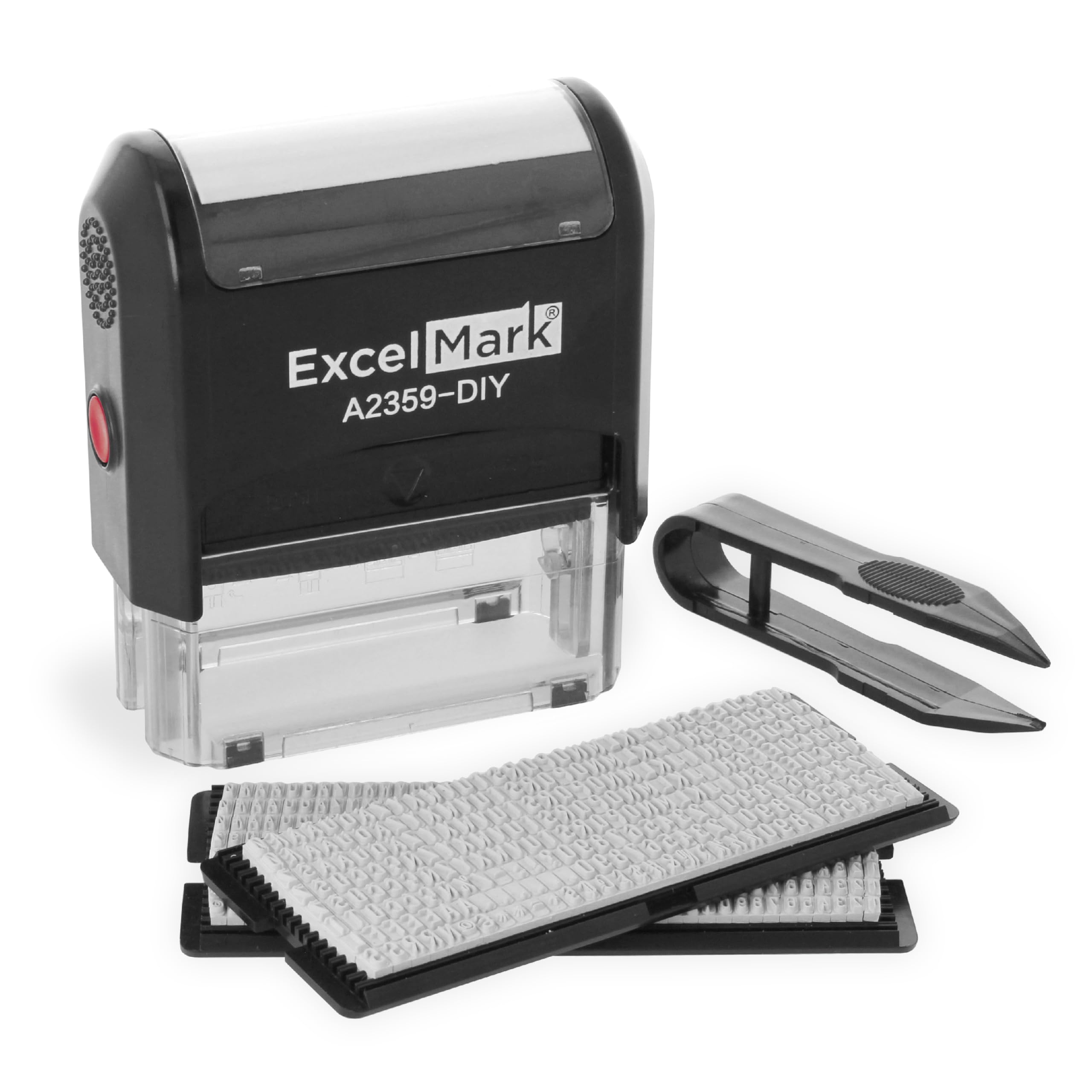 ExcelMark vista frontal del sello autoentintador con diseño compacto y práctico