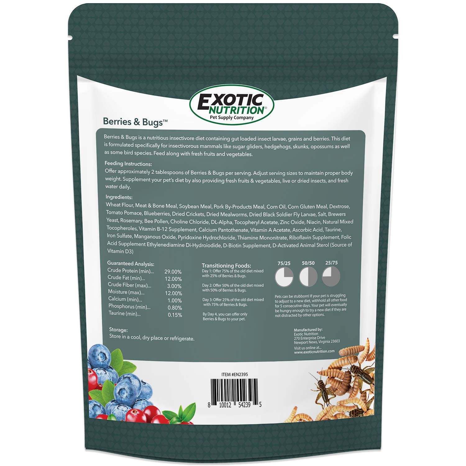 Exotic Nutrition bolsa 1.5 lb junto a objetos para comparar tamaño y porción