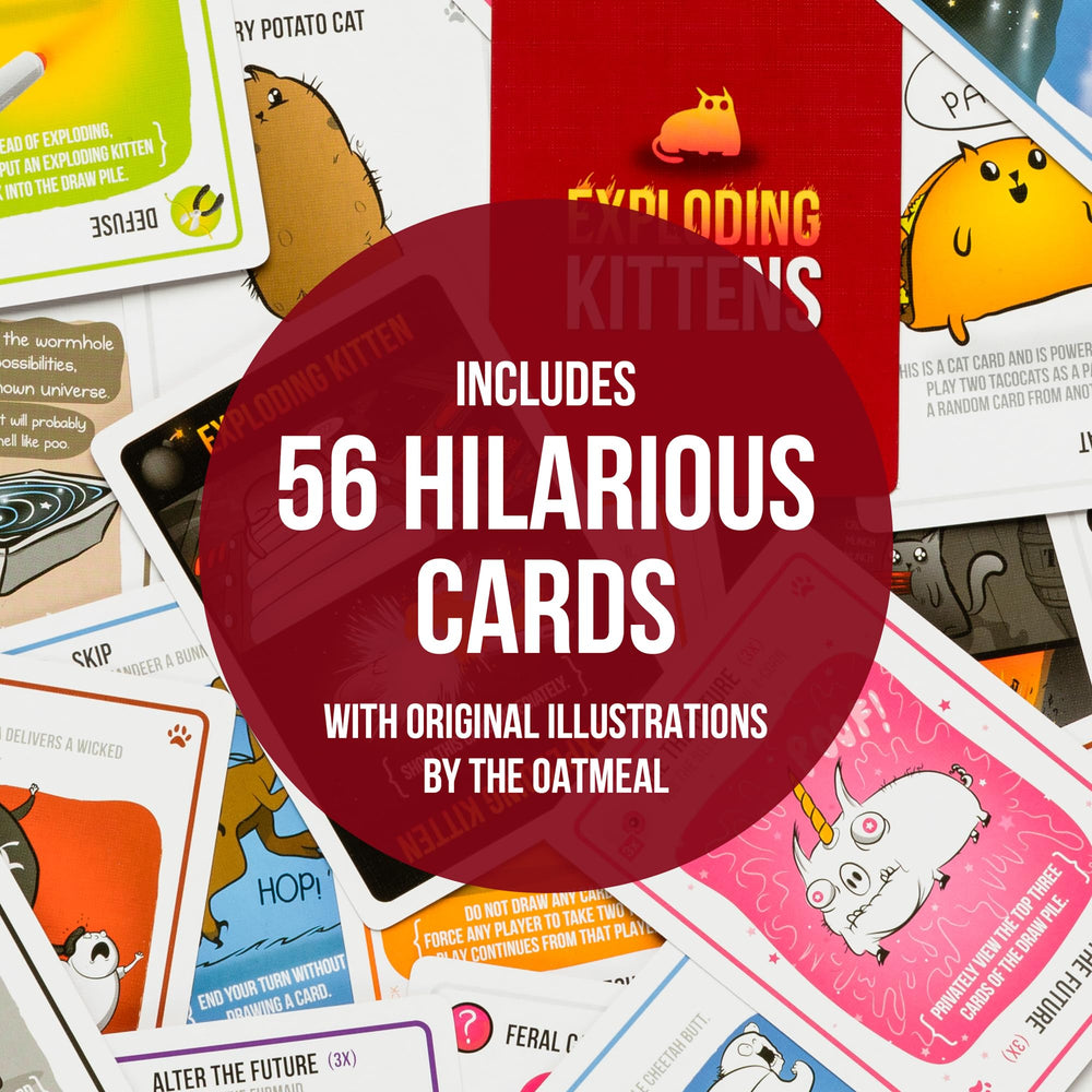 Exploding Kittens cartas dispuestas sobre la mesa con clara legibilidad y arte
