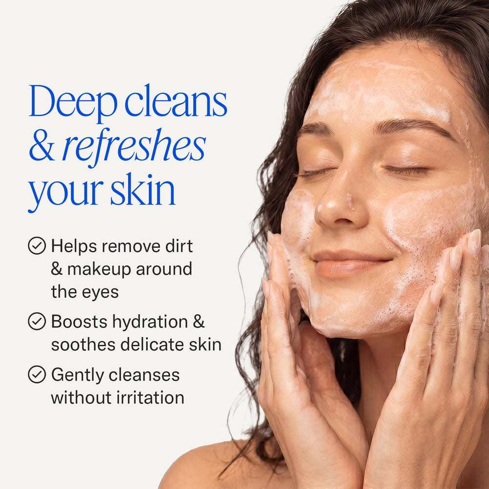 Person using EYEECO cleanser at bathroom basin for gentle eyelid washing benefit