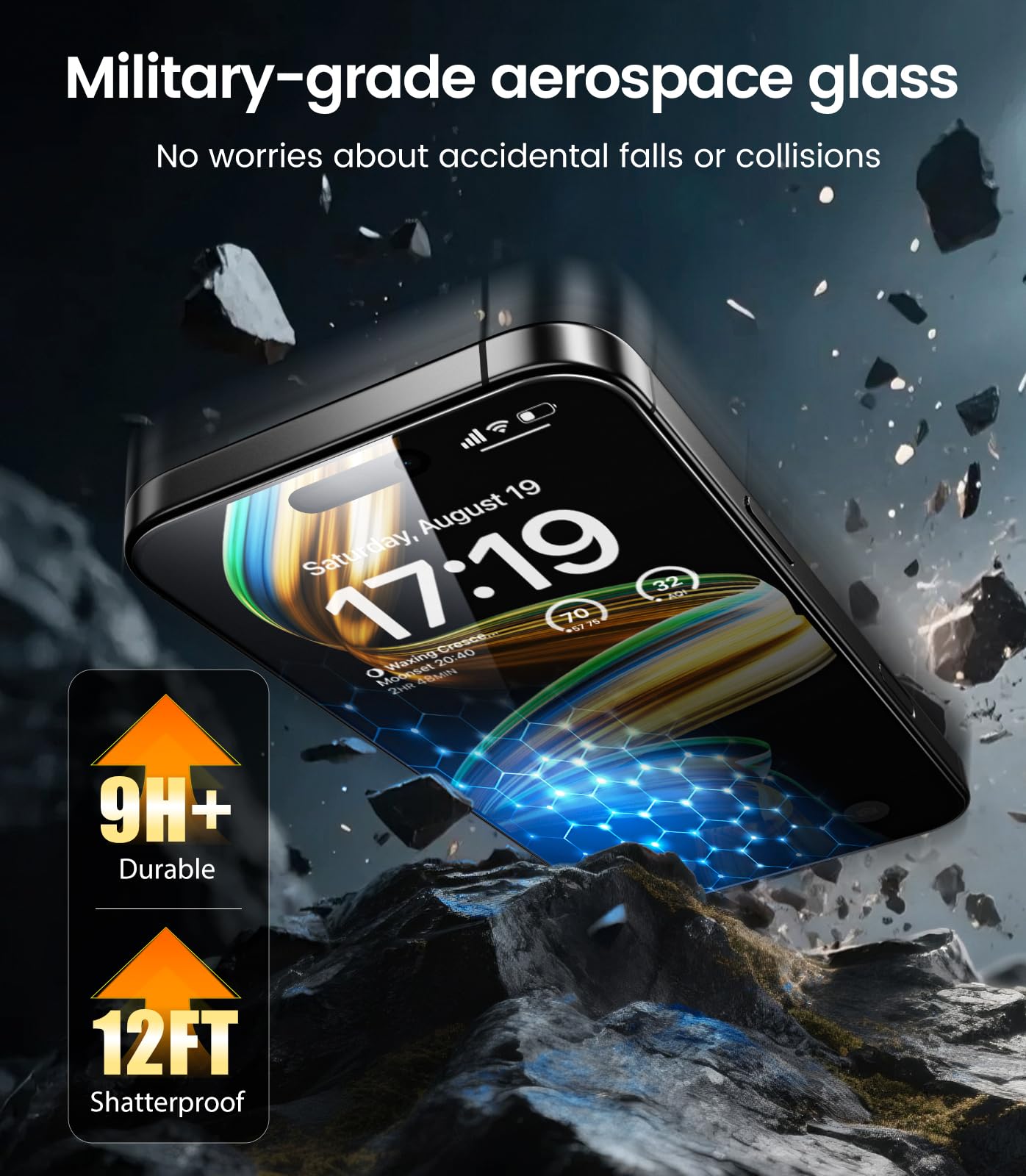 EZ-GLAZ protector en uso sobre iPhone 16 Pro Max con tacto sensible