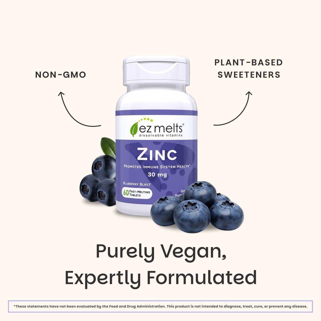 EZ Melts etiqueta con ingredientes y beneficios claros para el consumidor