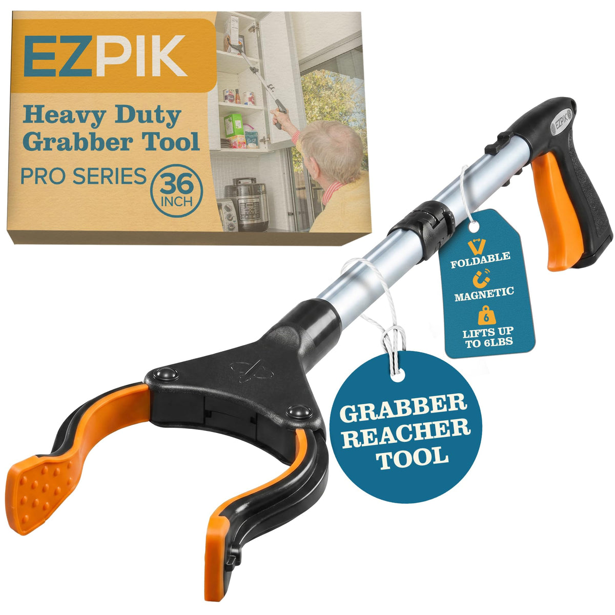 EZPIK agarrador frontal abierto mostrando longitud y estructura para mayor independencia