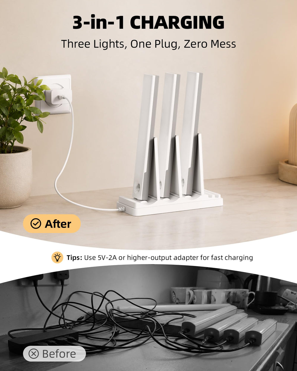 EZVALO estación de carga USB-C de tres ranuras cargando varias luces simultáneamente