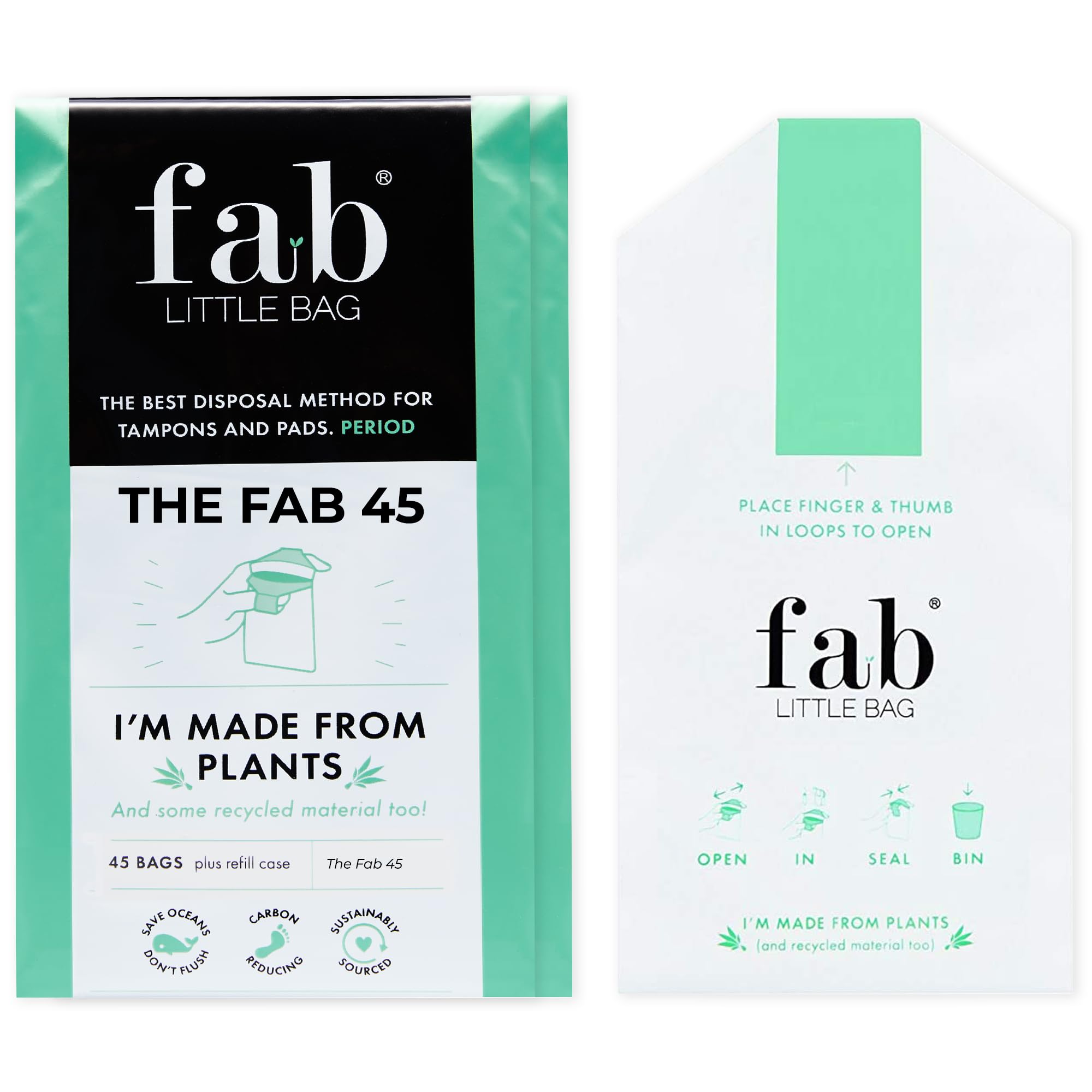 Fab Little Bag paquete frontal mostrando 45 bolsas, discreción inmediata