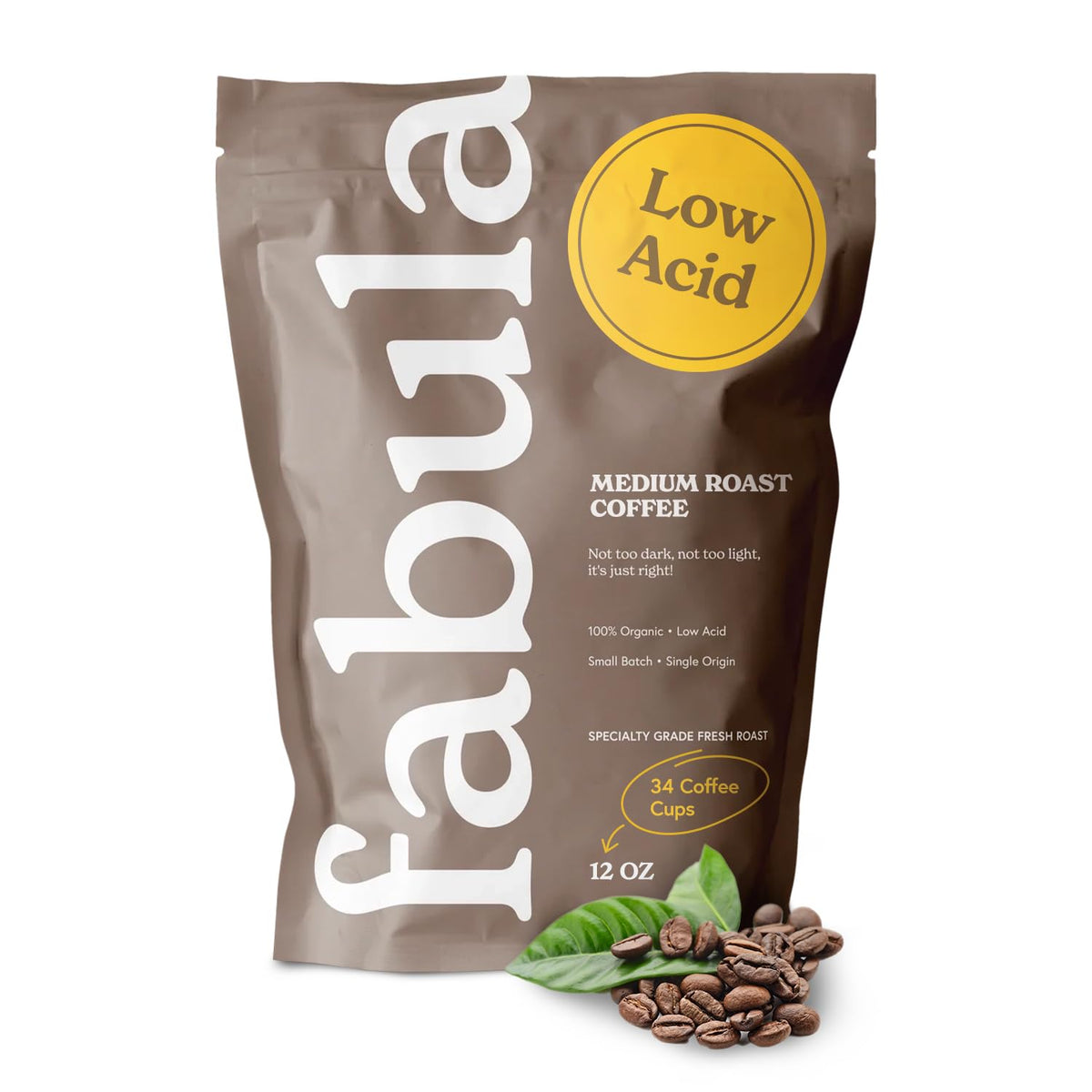 Fabula empaque frontal mostrando marca y beneficio baja acidez