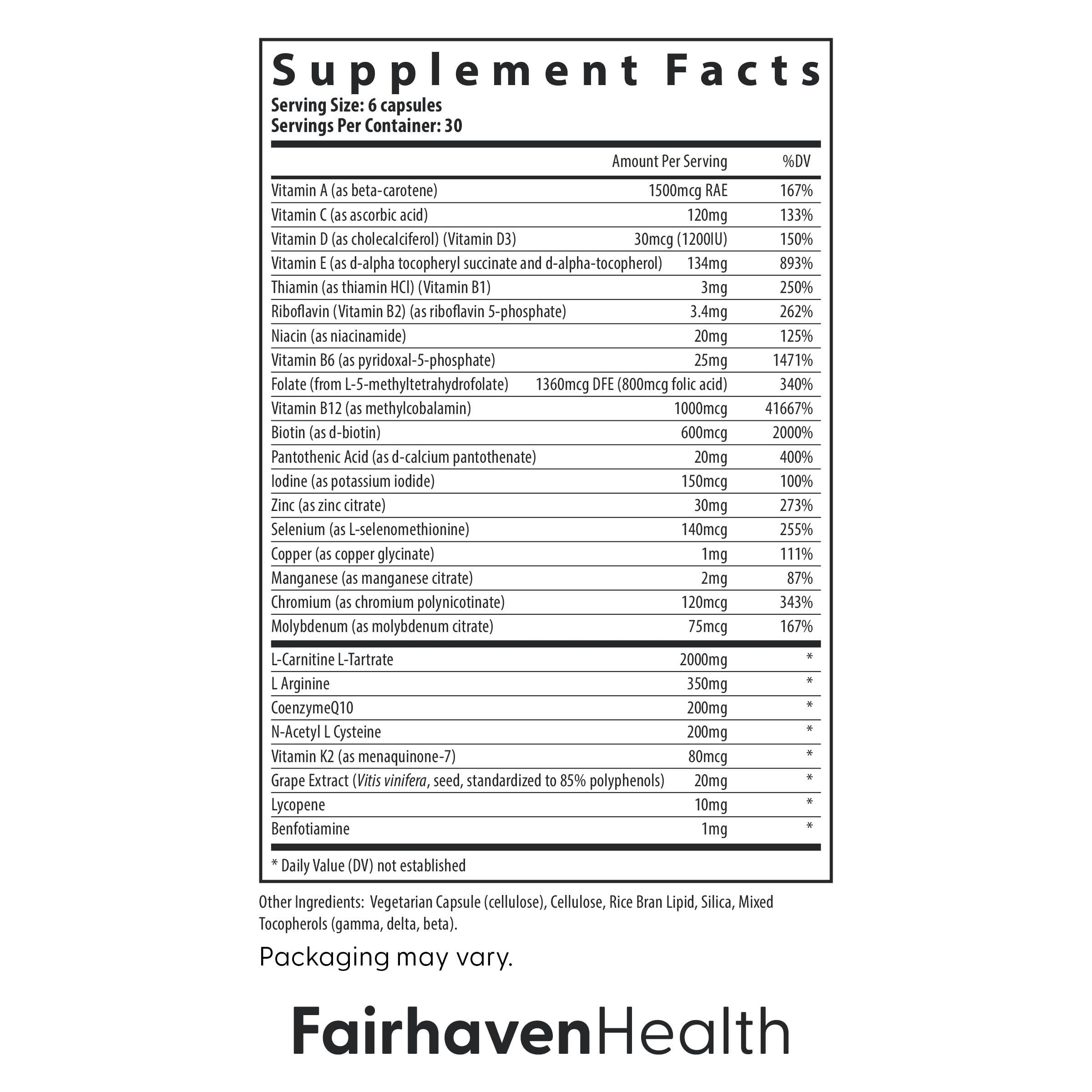 Fairhaven Health etiqueta con ingredientes clave y beneficios reproductivos