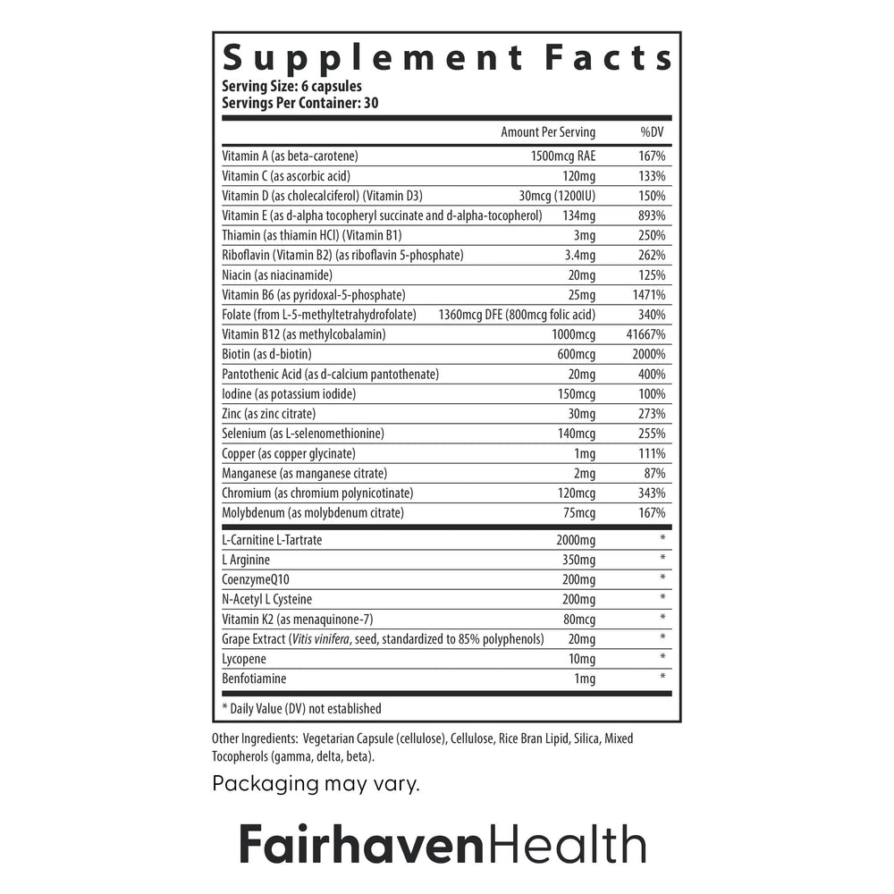 Fairhaven Health etiqueta con ingredientes clave y beneficios reproductivos