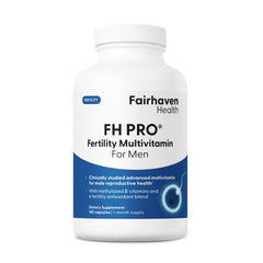 Fairhaven Health FH PRO for Men vista frontal con botella, apoyo a la fertilidad