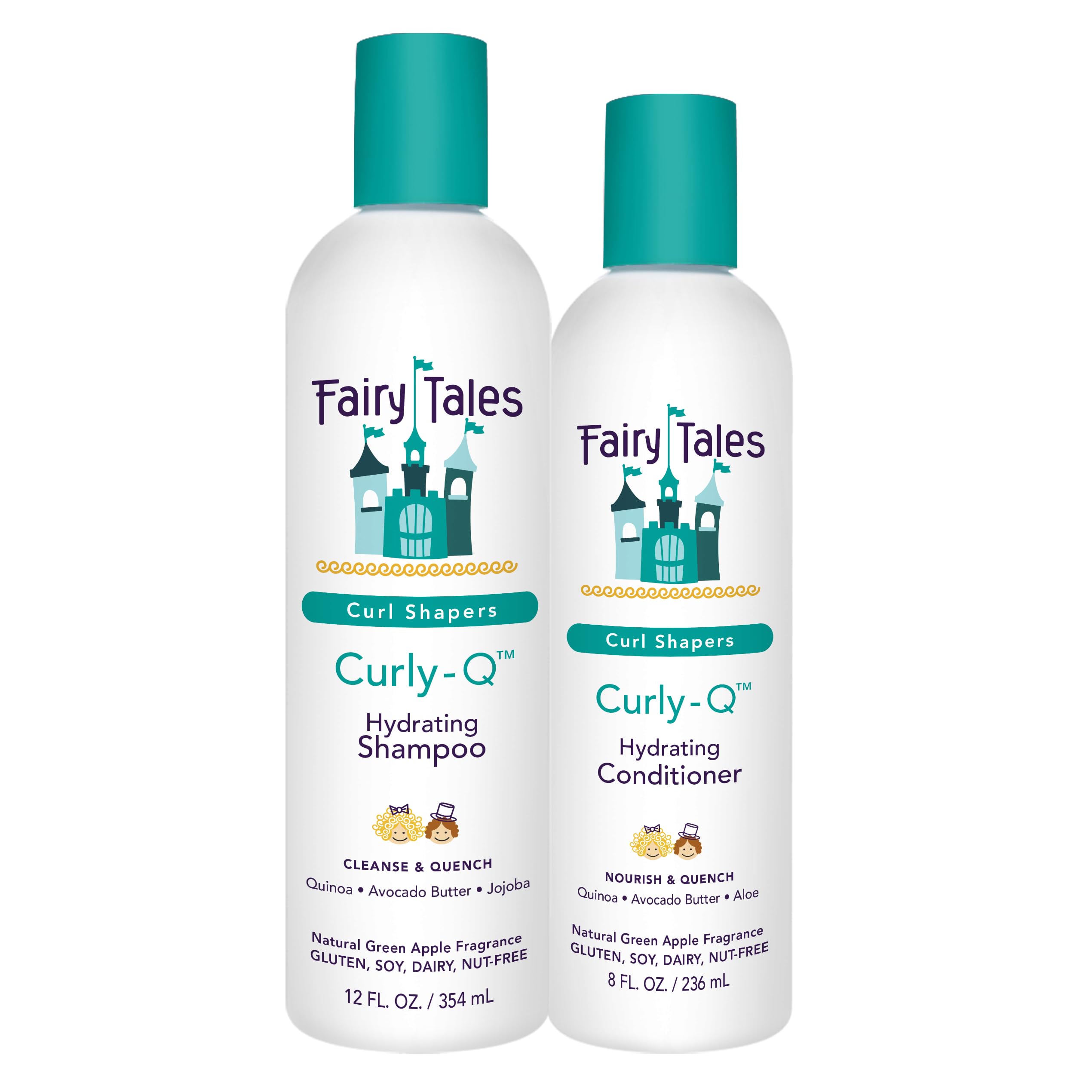 Fairy Tales pack Curly Q frente del empaque mostrando los dos productos y ventaja de definición