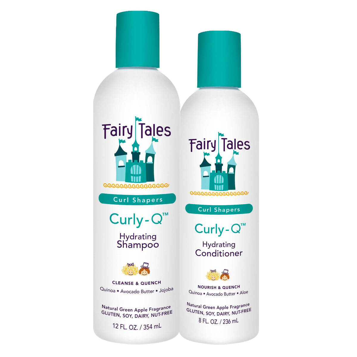 Fairy Tales pack Curly Q frente del empaque mostrando los dos productos y ventaja de definición