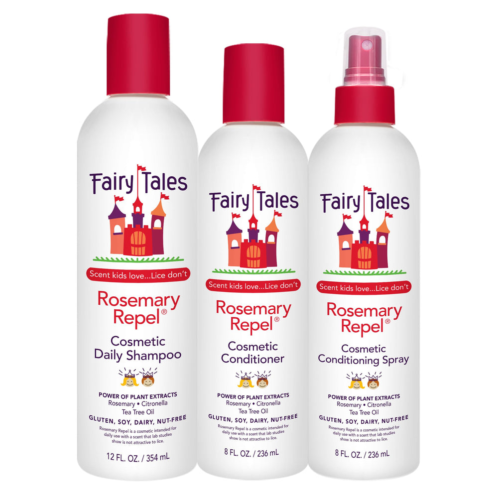 Fairy Tales trio frente del empaquetado mostrando champú, acondicionador y spray, protección diaria