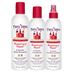 Fairy Tales trio frente del empaquetado mostrando champú, acondicionador y spray, protección diaria