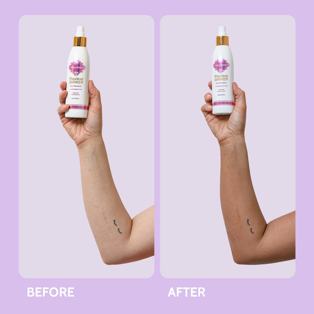 Fake Bake etiqueta con ingredientes y beneficios, muestra fórmula limpia y vegana