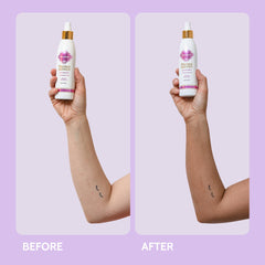 Fake Bake etiqueta con ingredientes y beneficios, muestra fórmula limpia y vegana