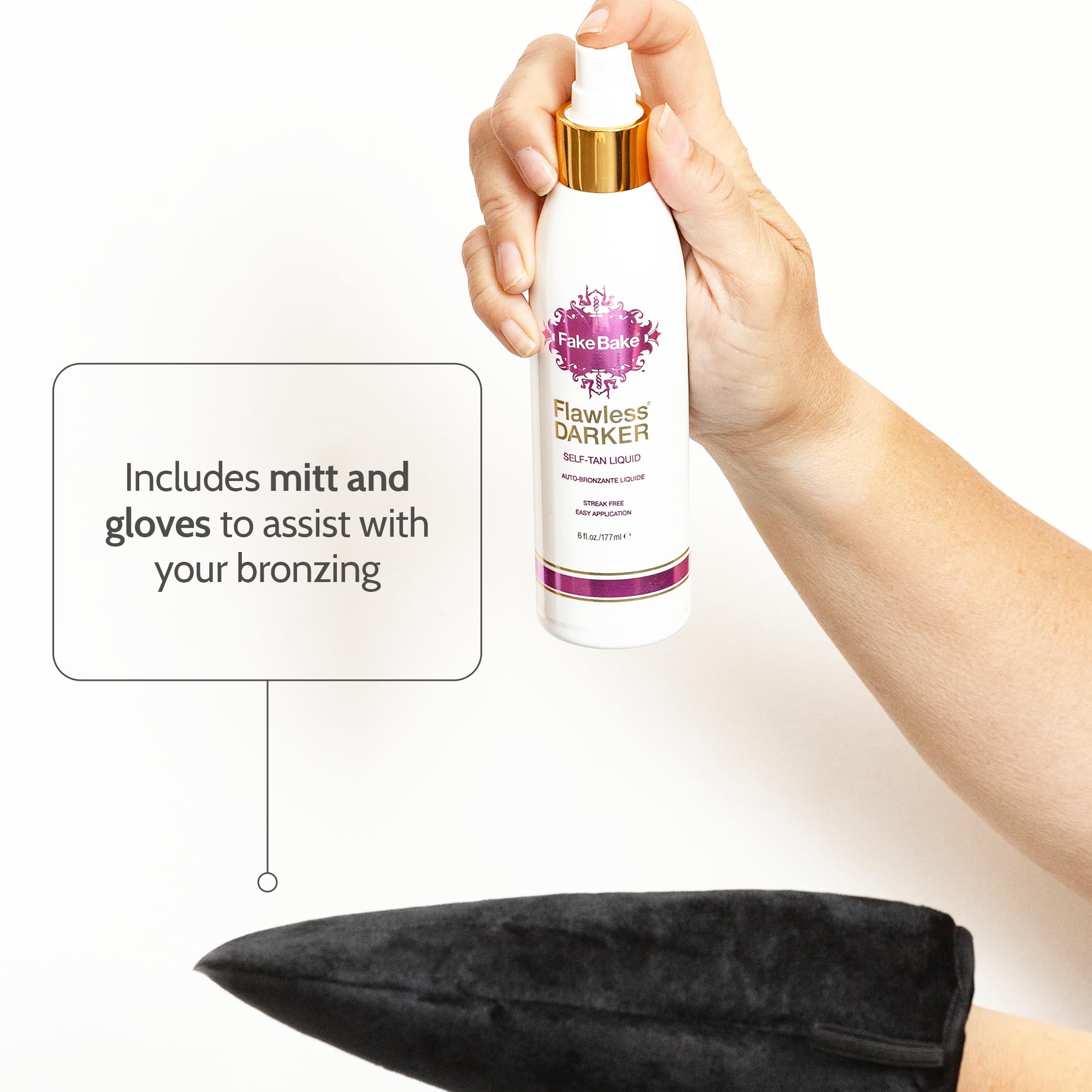 Fake Bake guante aplicador y guantes incluidos, facilitan una aplicación sin marcas