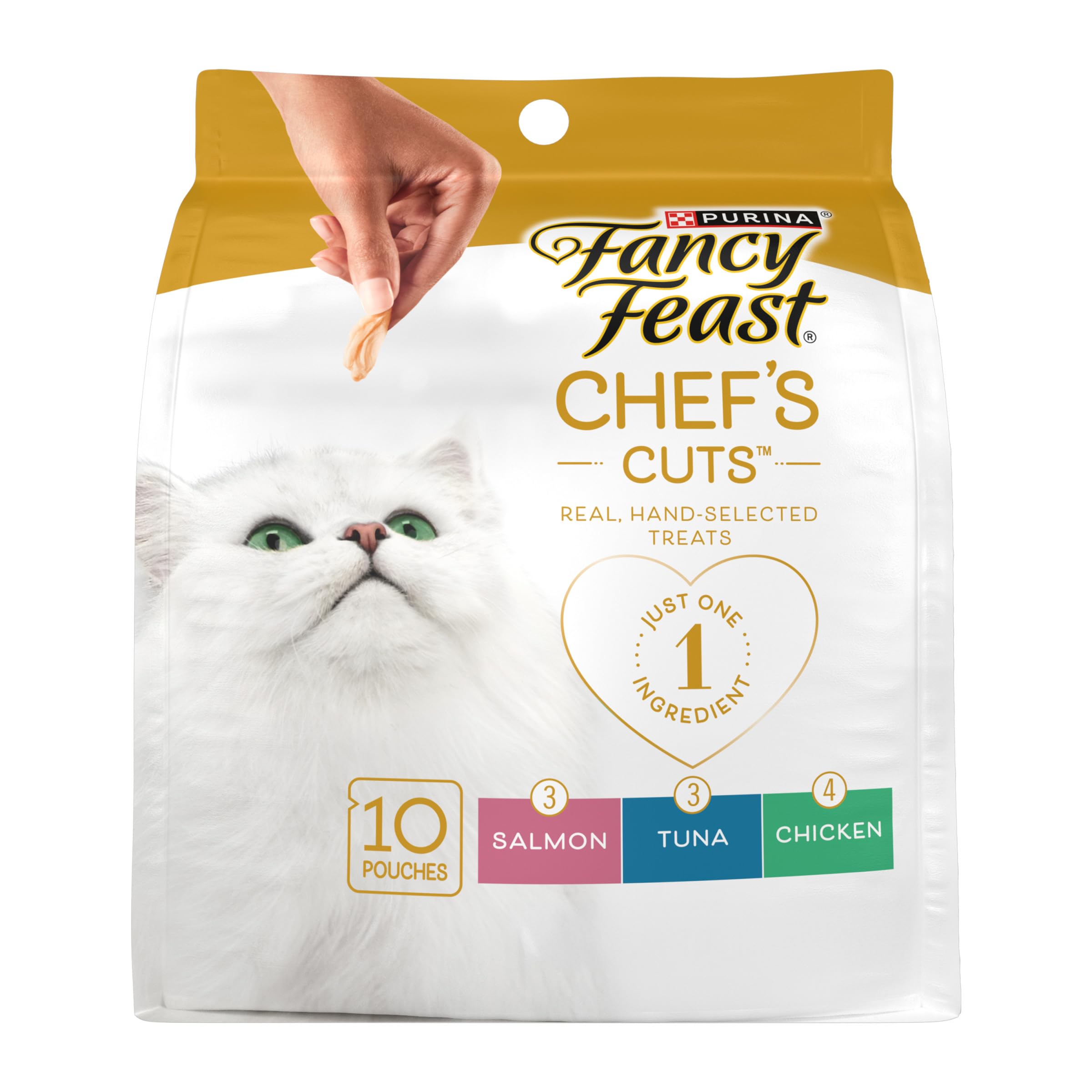 Fancy Feast frontal del paquete mostrando variedades y ventajas