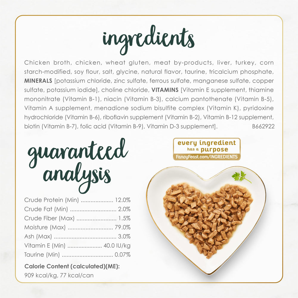 Fancy Feast etiqueta nutricional destacando taurina y antioxidantes