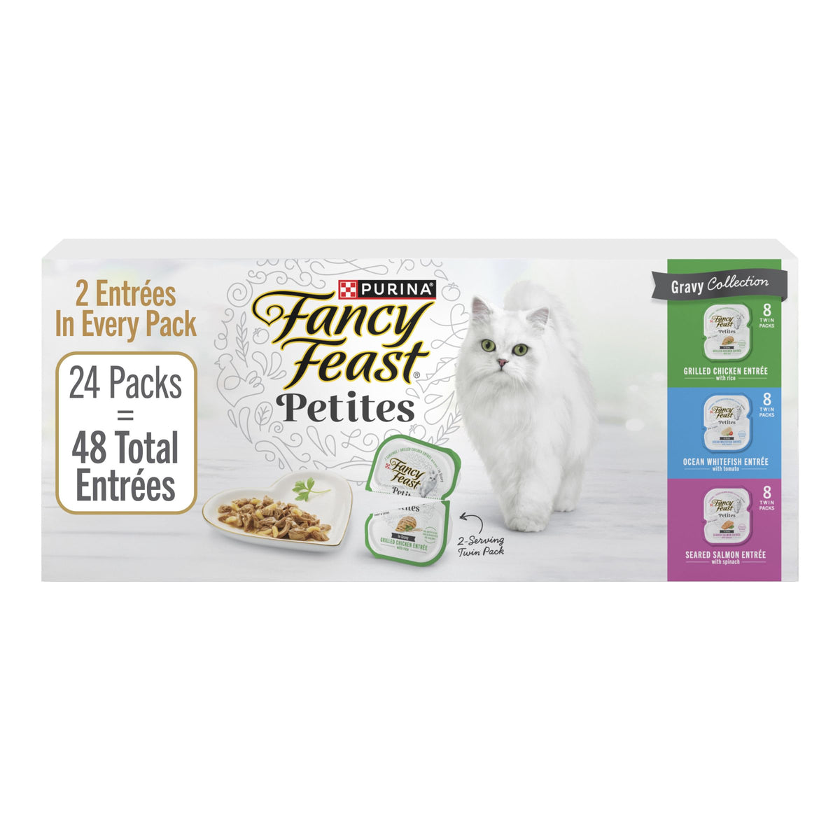 Fancy Feast frente del empaque mostrando variedad y conveniencia