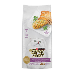 Fancy Feast empaque frontal mostrando 7 lb y beneficios nutricionales