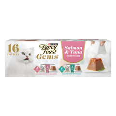 Fancy Feast frente del empaque mostrando variedad salmón y atún y conveniencia