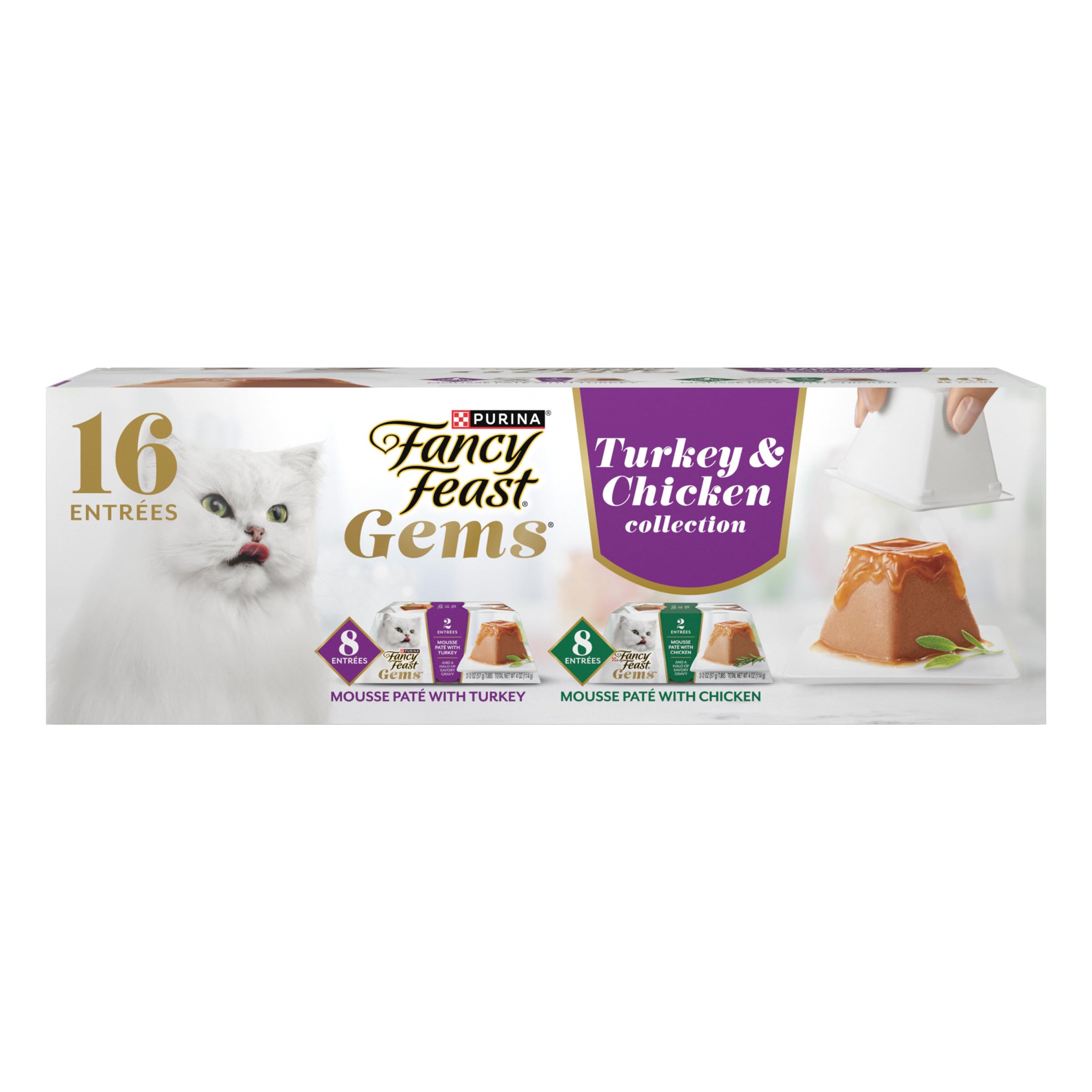 Fancy Feast envase frontal mostrando diseño y sabores pavo y pollo