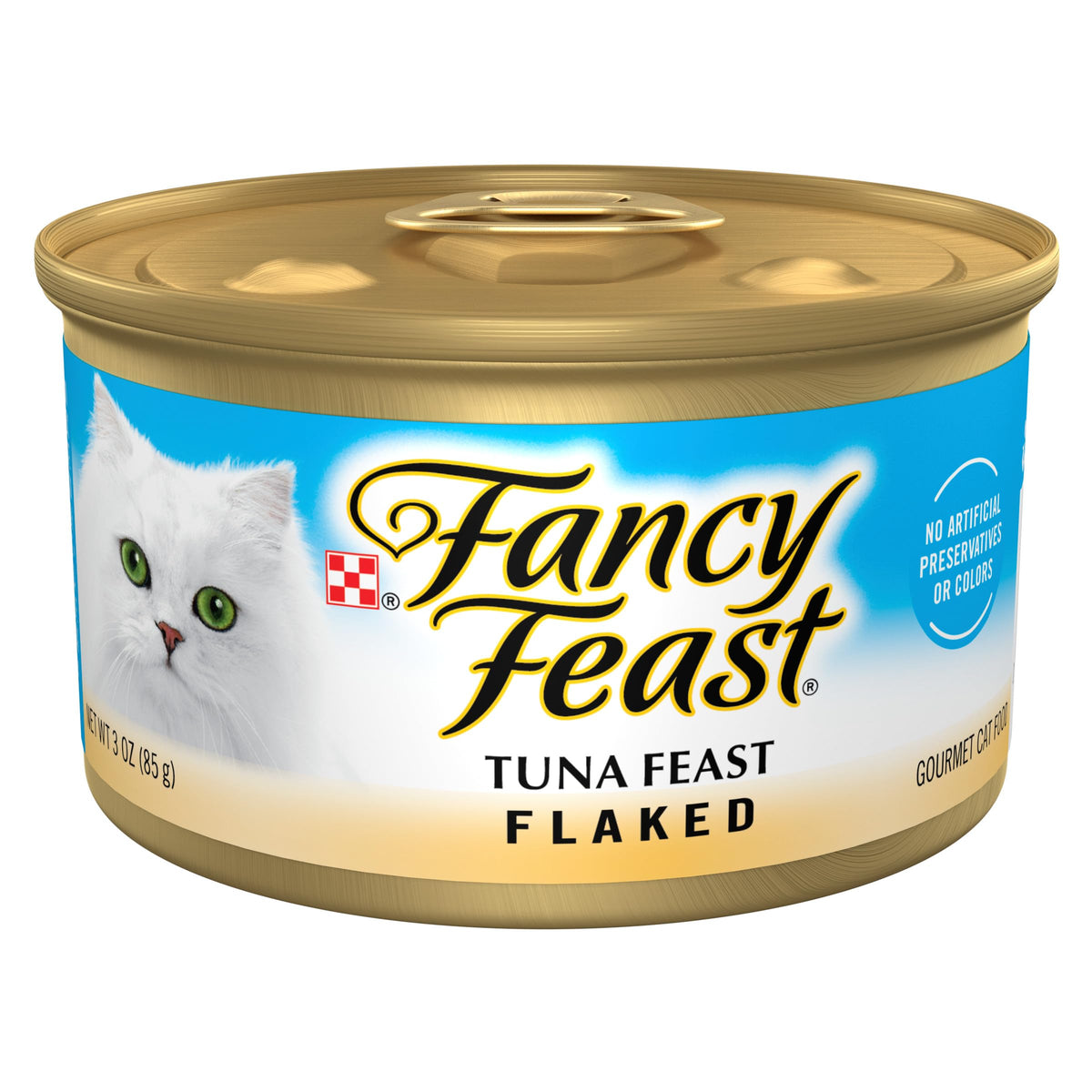 Fancy Feast lata frente mostrando diseño y marca, atractivo visual