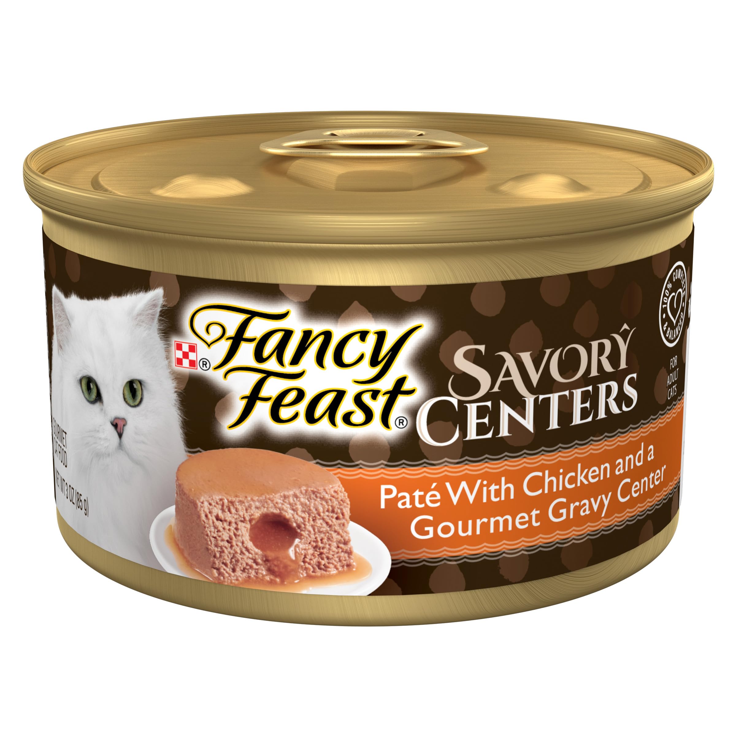 Fancy Feast lata frontal mostrando pâté con pollo y presentación apetecible