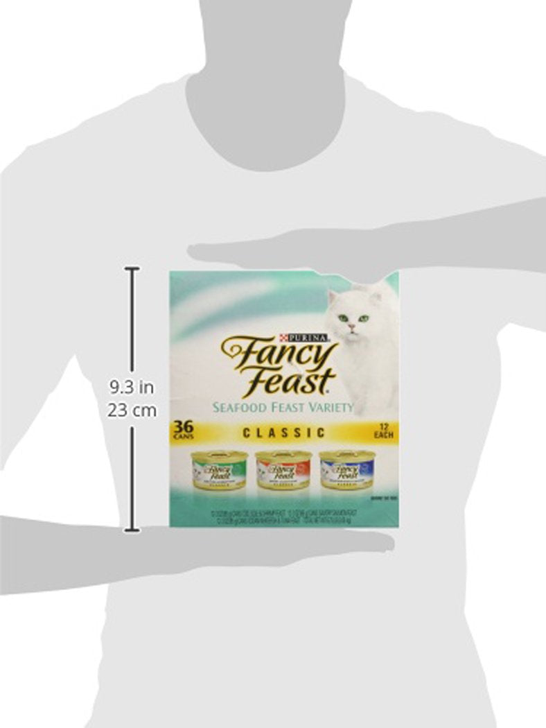 Fancy Feast Purina etiqueta destacando ingredientes marinos de calidad
