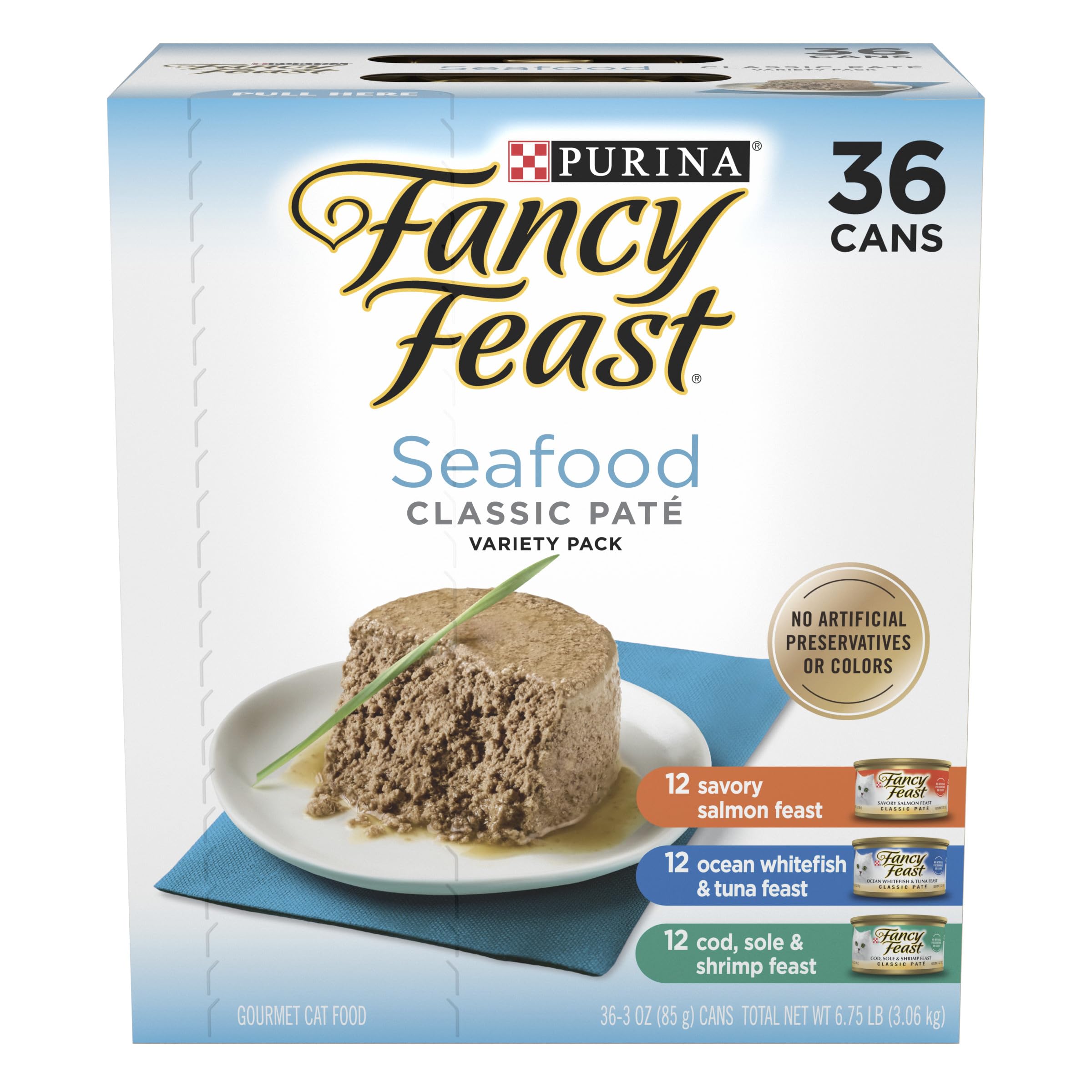 Fancy Feast Purina frente del empaque mostrando variedad y conveniencia