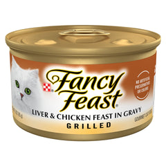 Fancy Feast Purina vista frontal de lata mostrando la etiqueta y beneficio gourmet