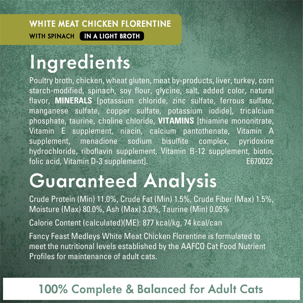 Fancy Feast Purina Medleys Florentine ingredient label close-up showing quality details