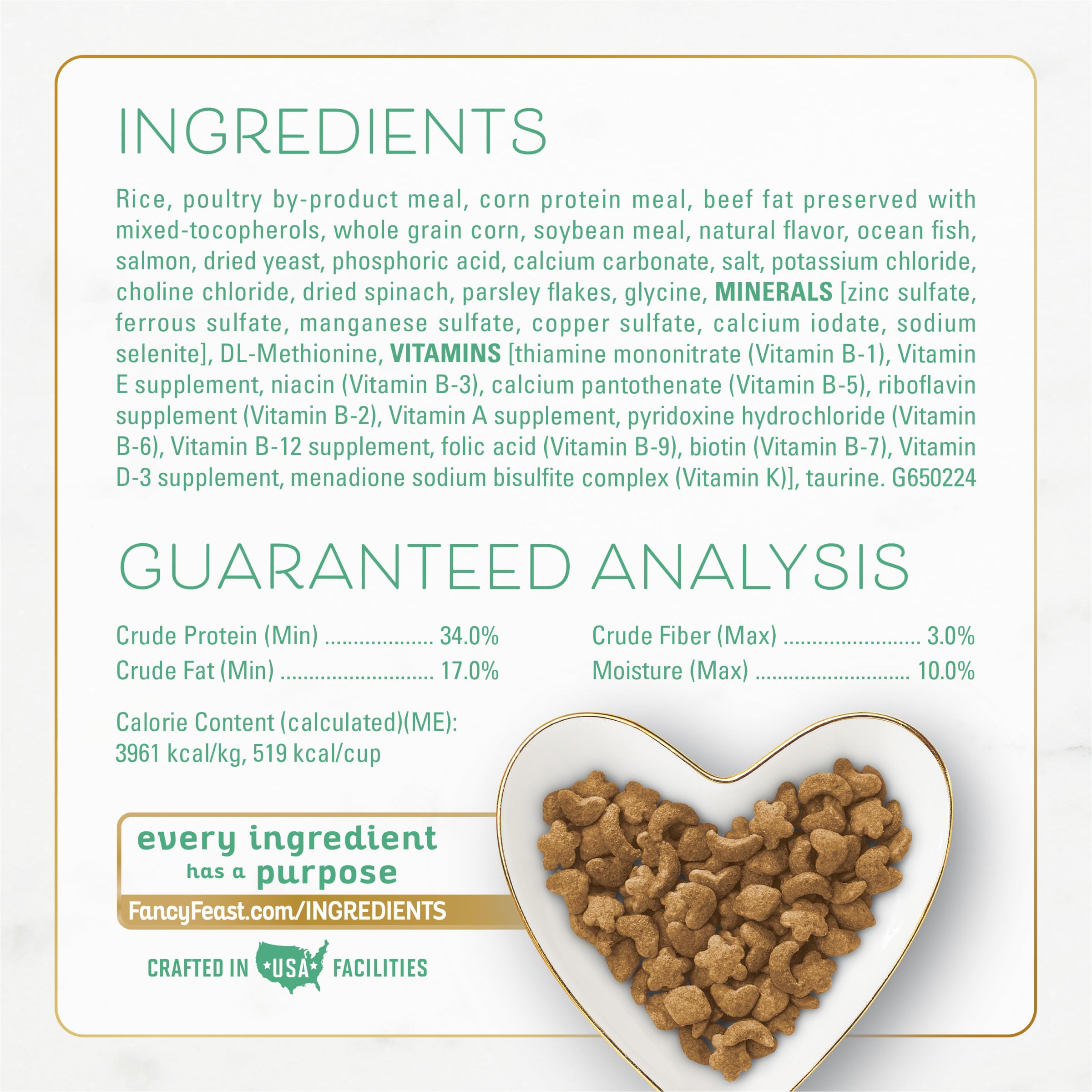 Fancy Feast Purina plato servido con croquetas mostrando apetito del gato