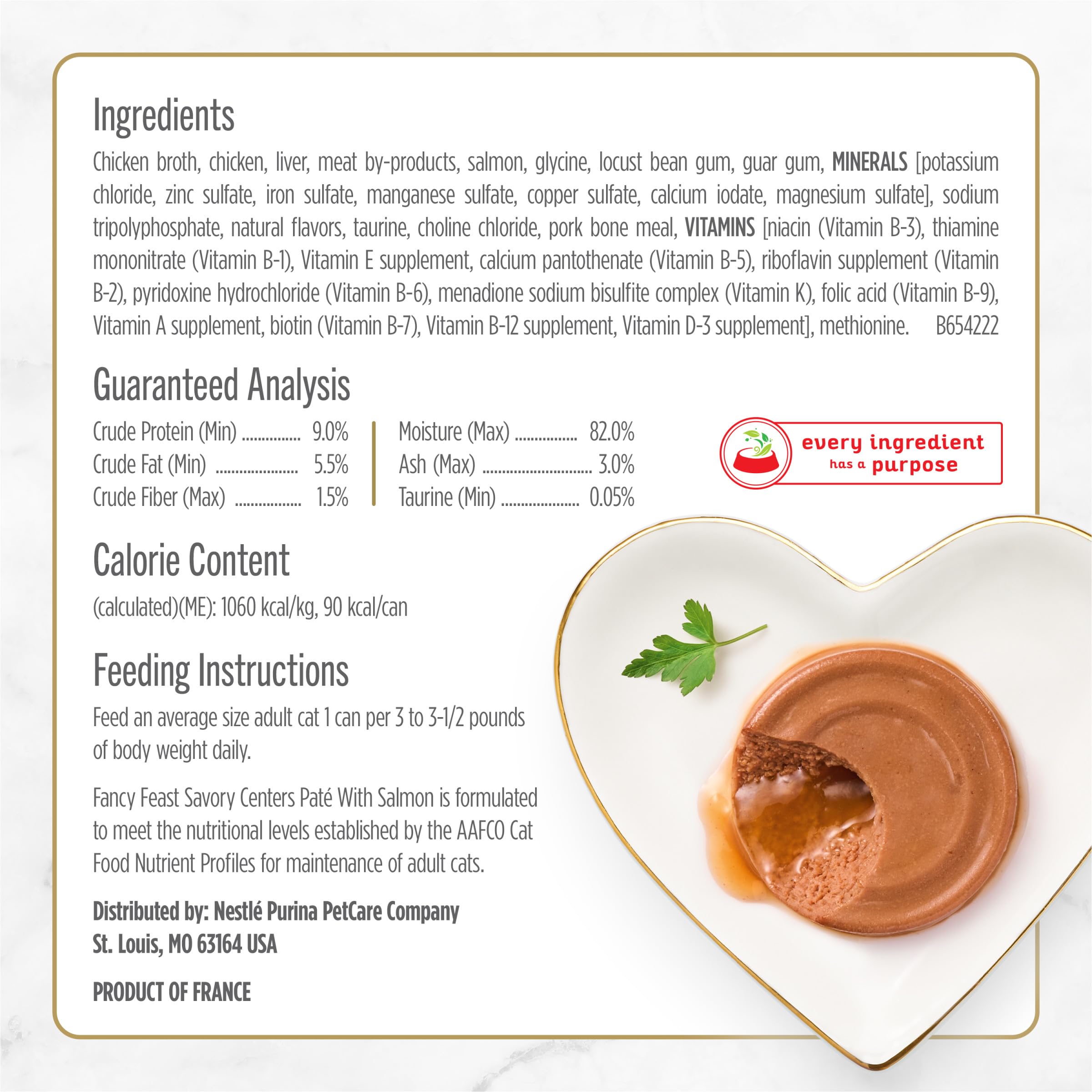 Etiqueta de Fancy Feast con lista de ingredientes y enfoque en salmón real y calidad