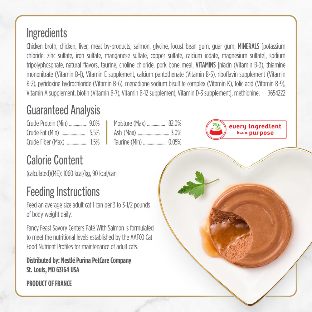 Etiqueta de Fancy Feast con lista de ingredientes y enfoque en salmón real y calidad