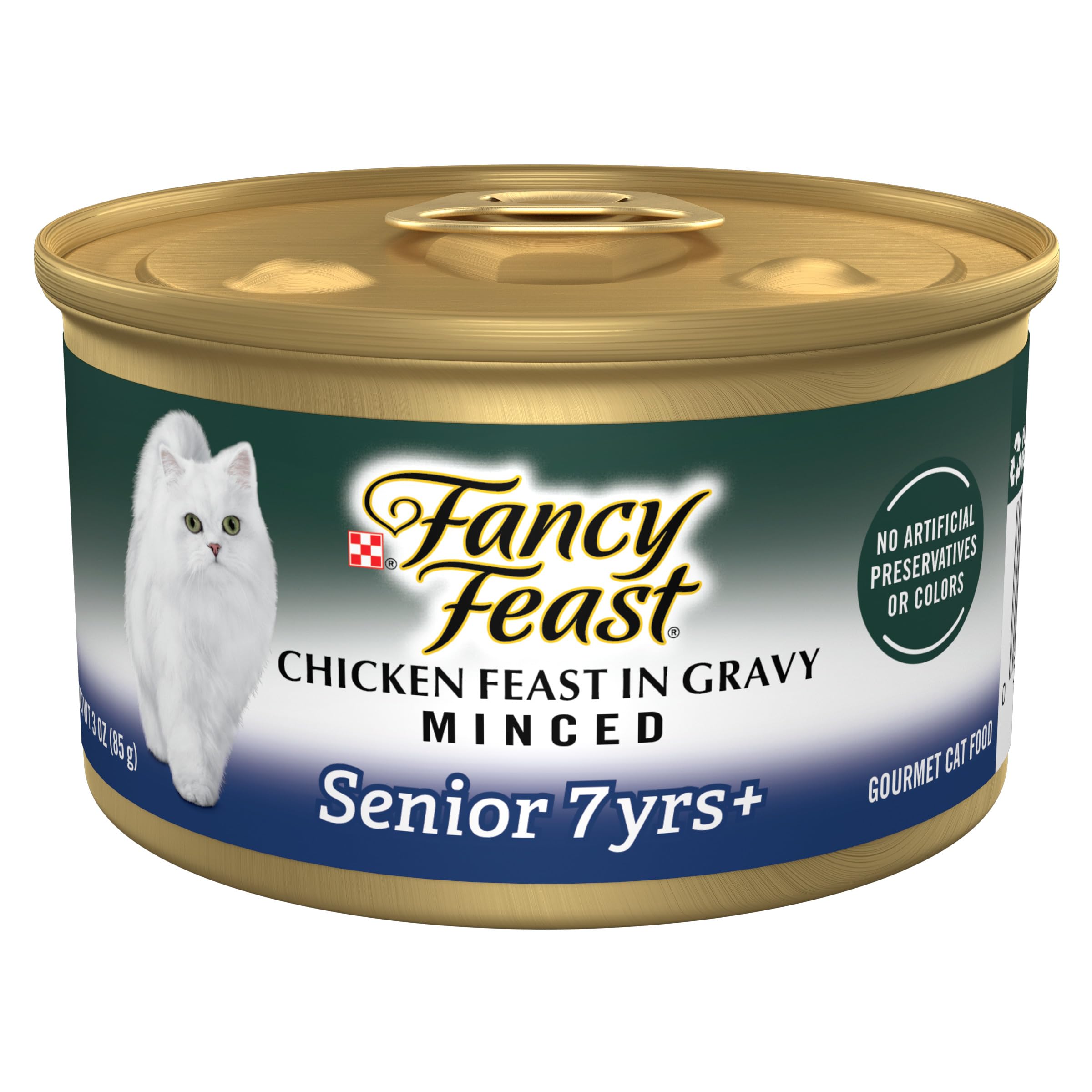 Fancy Feast lata frontal mostrando el diseño y beneficio gourmet