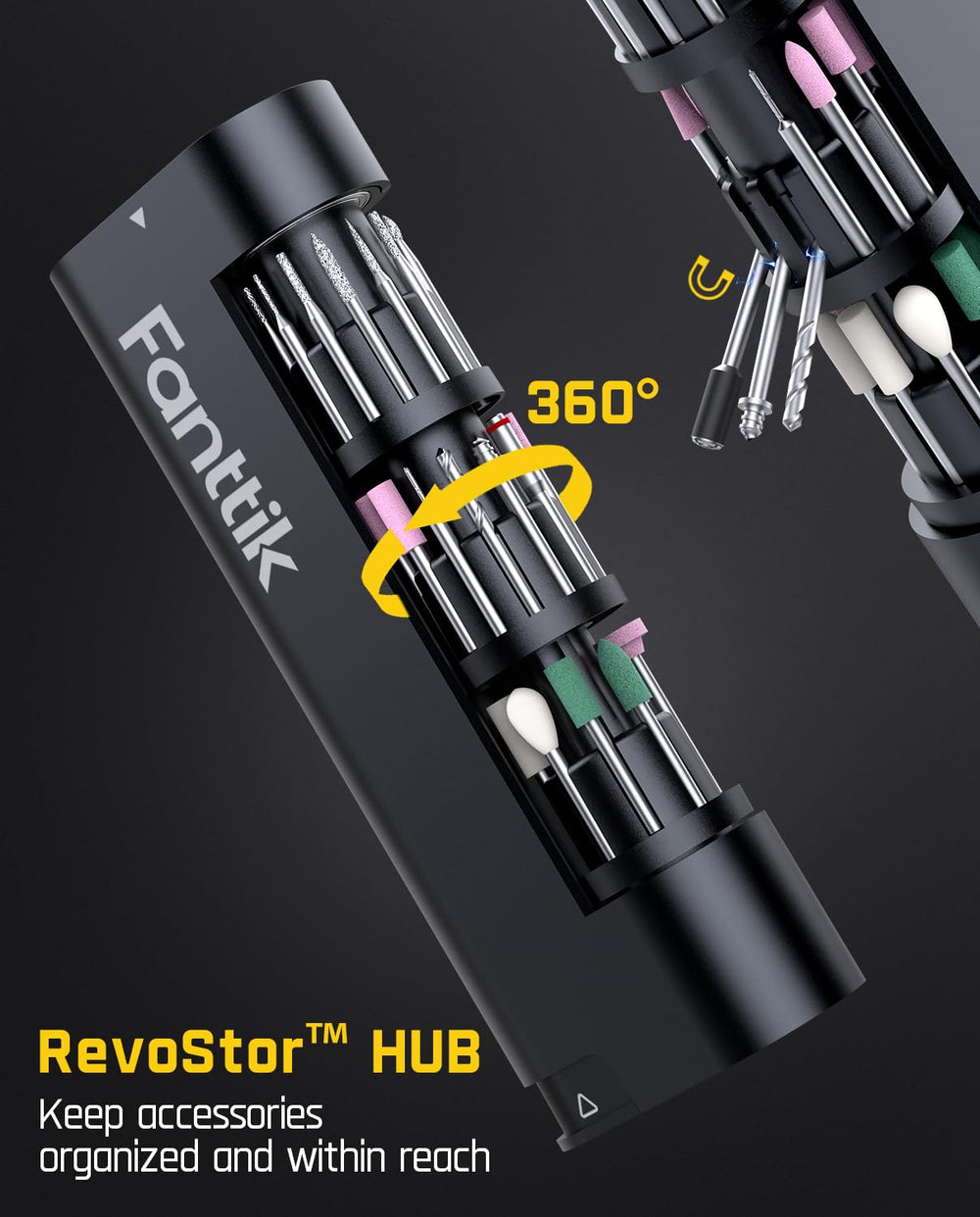 Fanttik F2 PRO RevoStor Hub magnético con accesorios ordenados