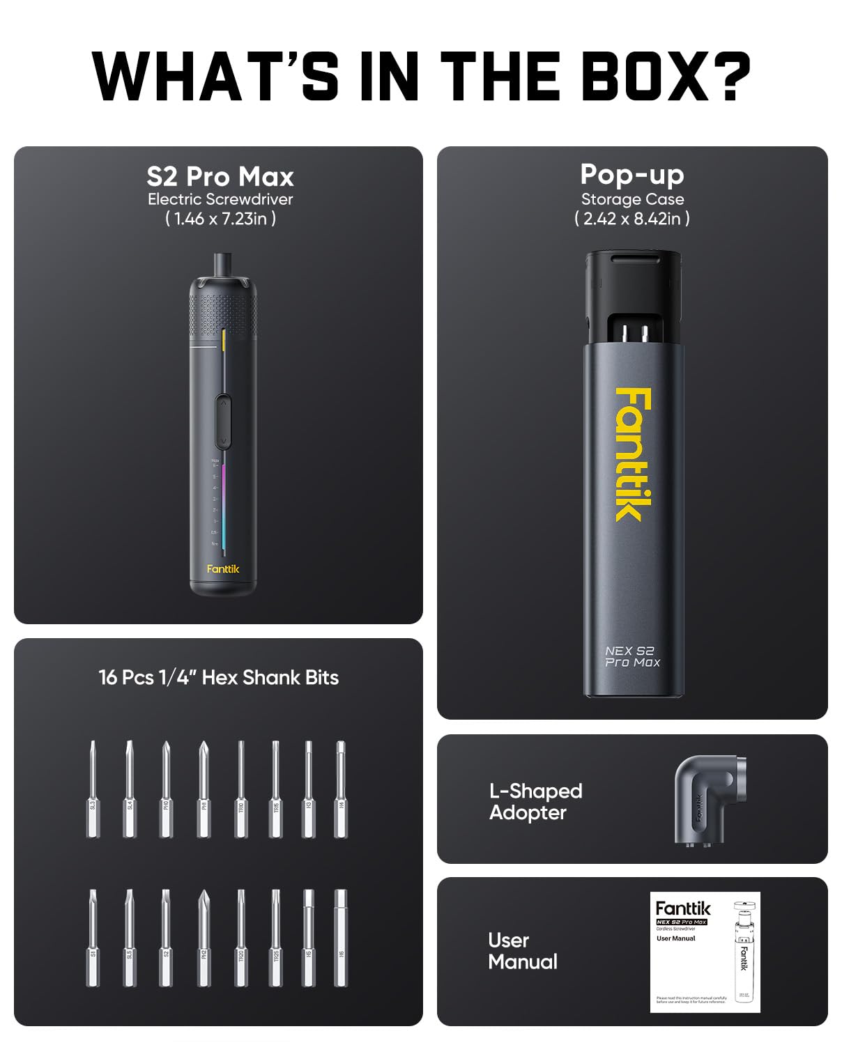 Fanttik S2 Pro Max estuche abierto con destornillador desplegado y puntas visibles