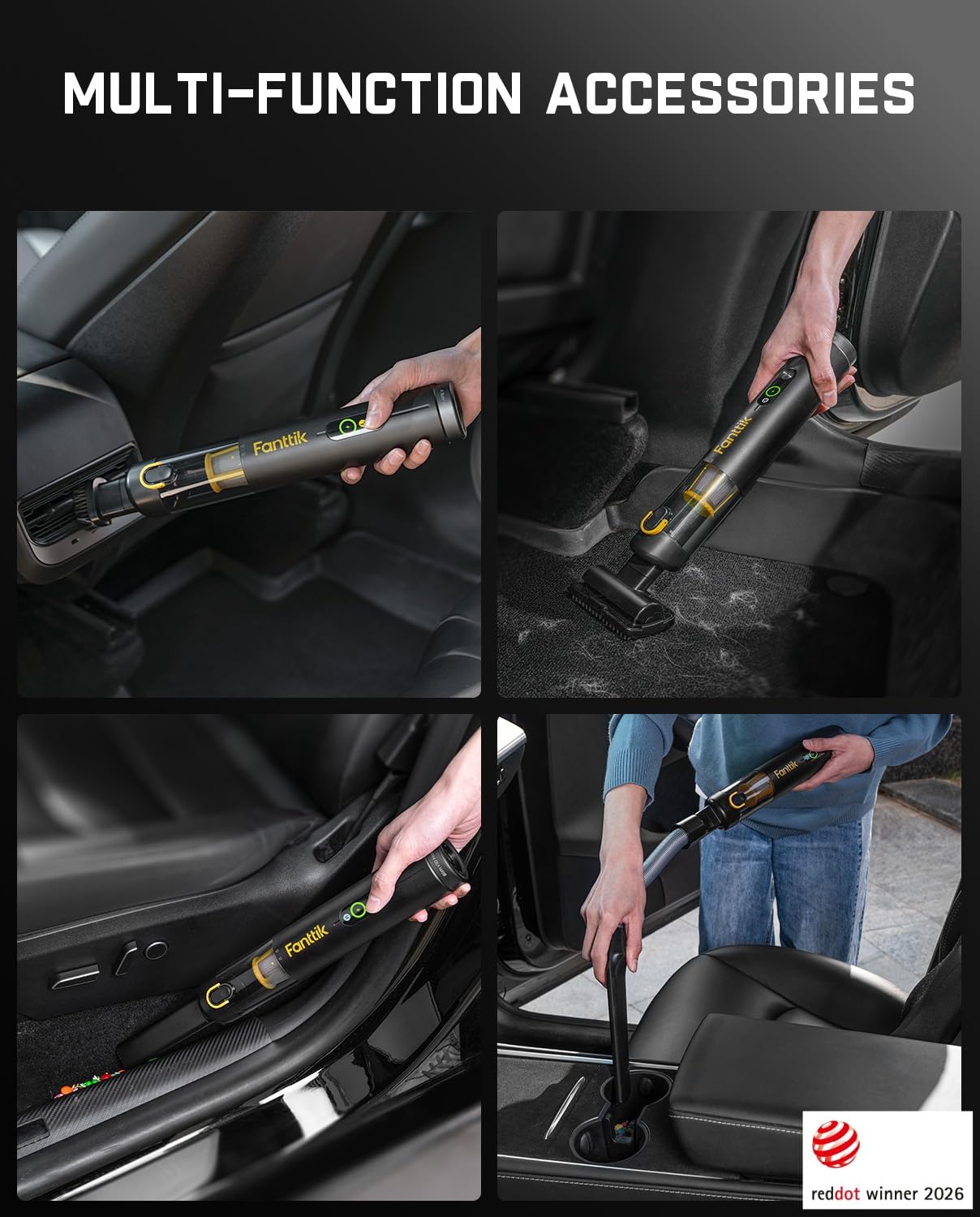 Fanttik Slim V10 APEX en uso dentro de un coche limpiando alfombra