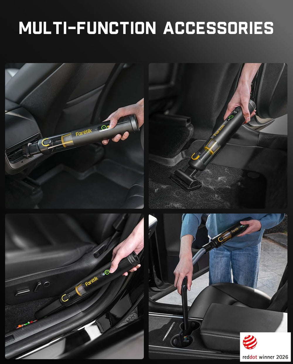 Fanttik Slim V10 APEX en uso dentro de un coche limpiando alfombra