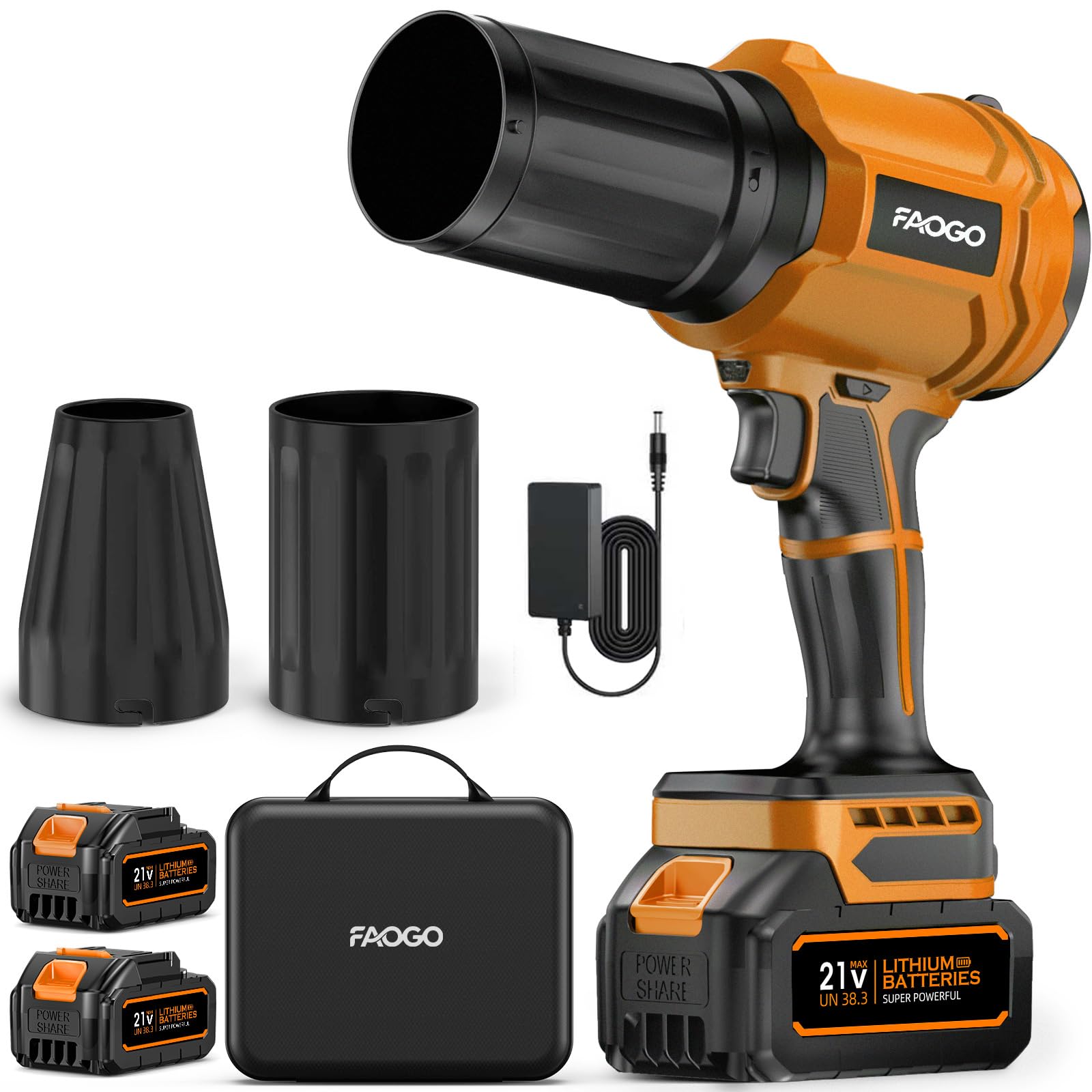 FAOGO soplador frontal mostrando diseño naranja y potencia para limpieza rápida