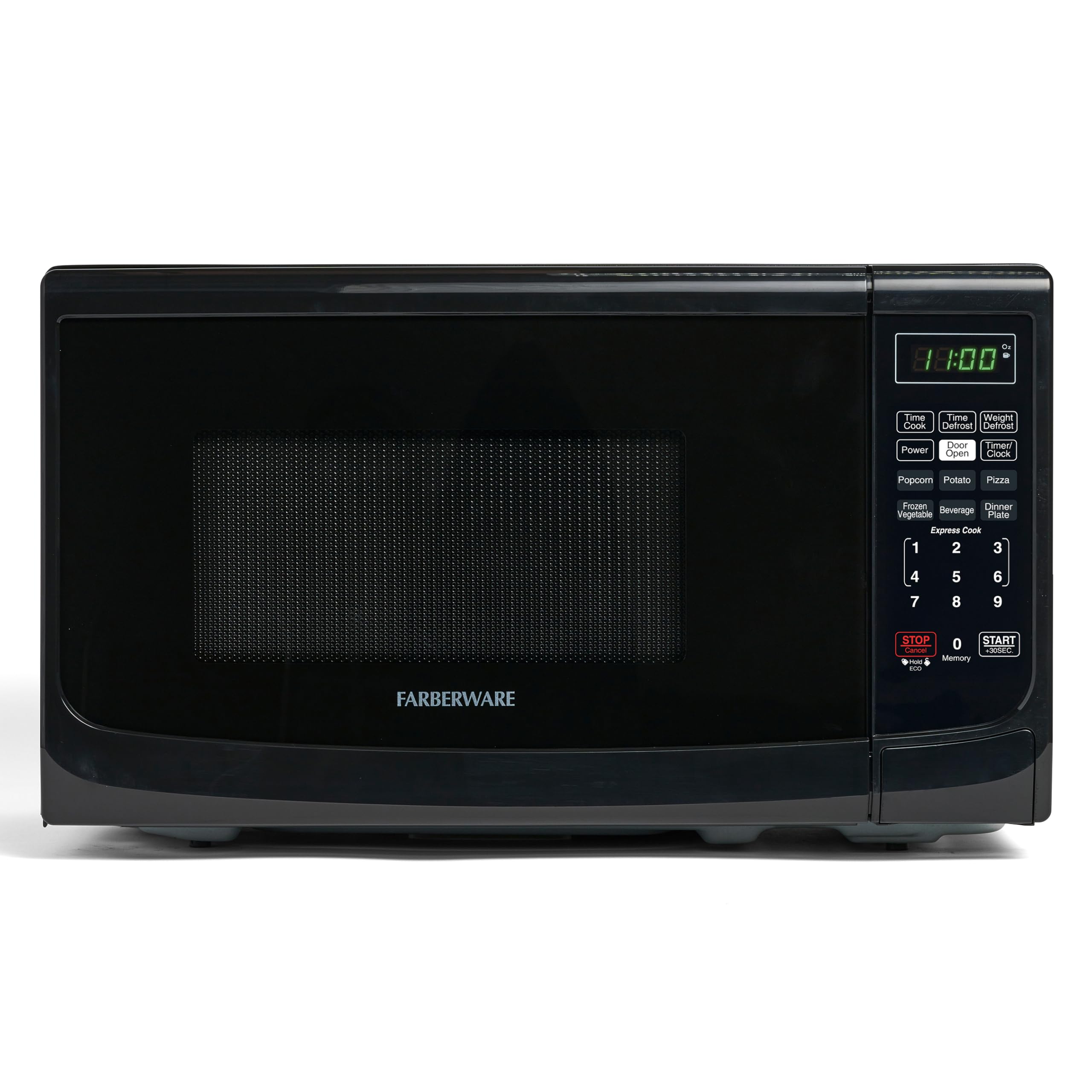 Farberware microondas frontal negro muestra diseño compacto y eficiencia