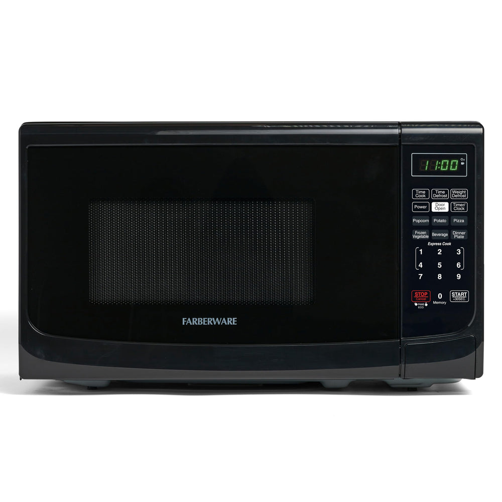 Farberware microondas frontal negro muestra diseño compacto y eficiencia