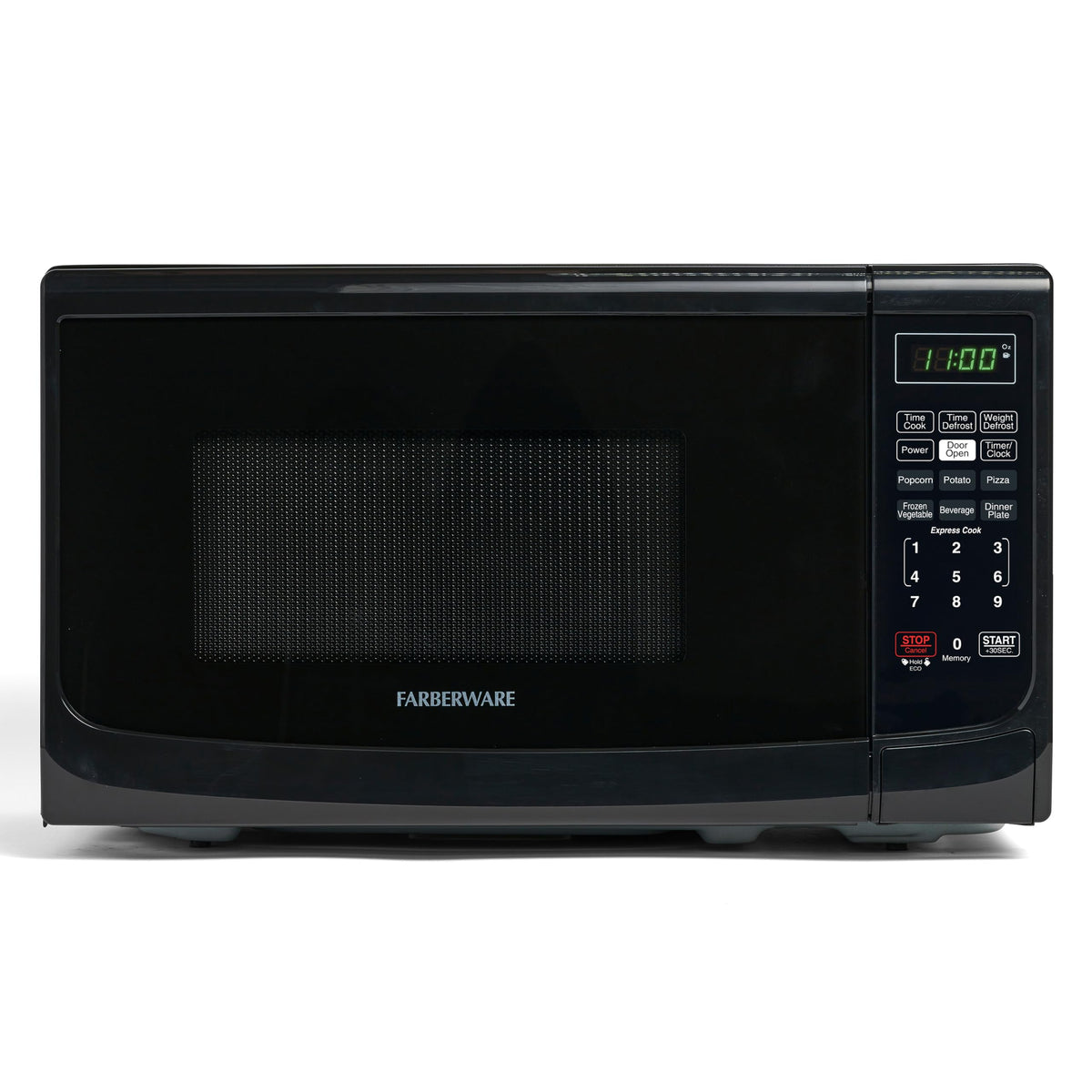 Farberware microondas frontal negro muestra diseño compacto y eficiencia