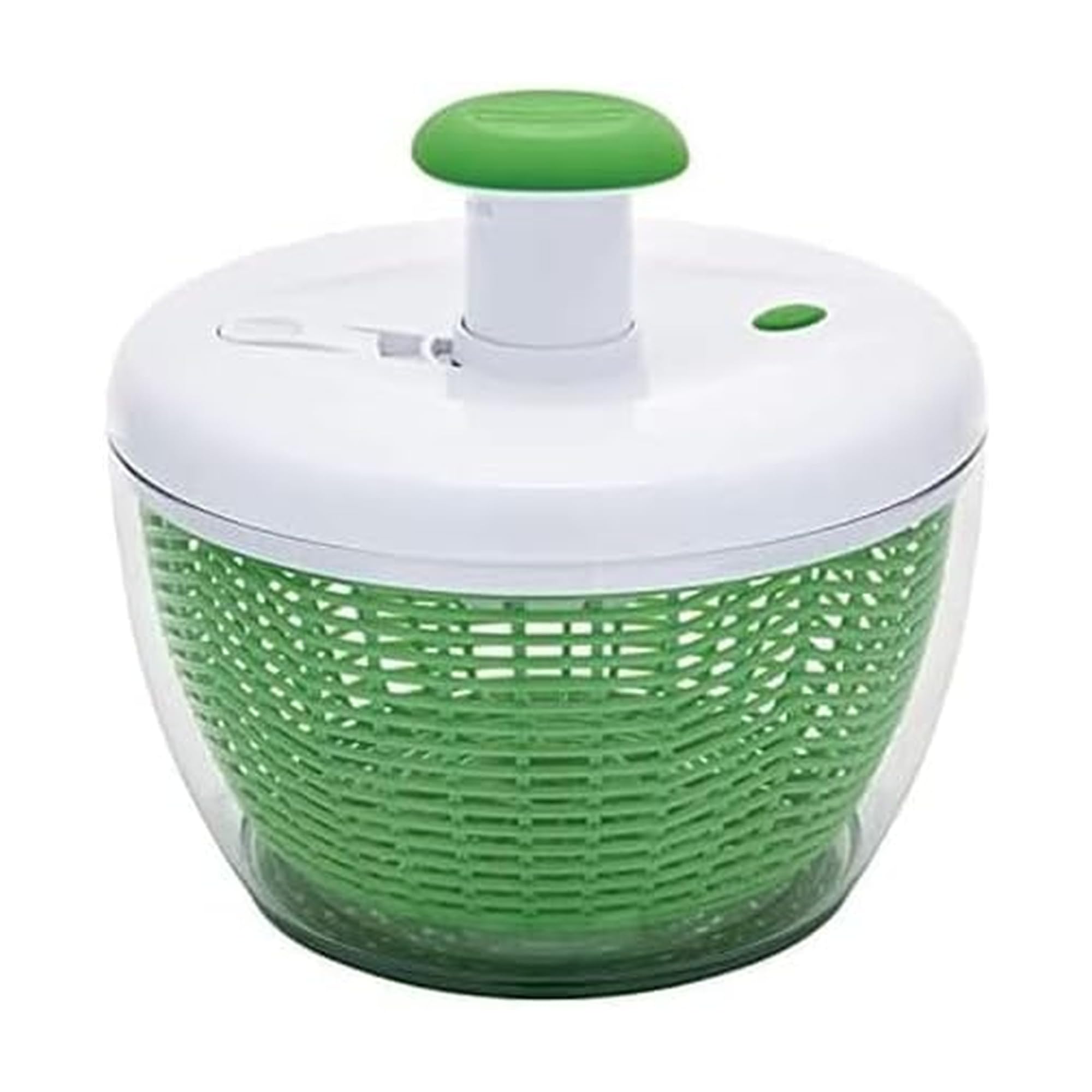 Farberware front view of pump salad spinner showing full unit and lid, quick prep benefit