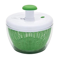 Farberware front view of pump salad spinner showing full unit and lid, quick prep benefit