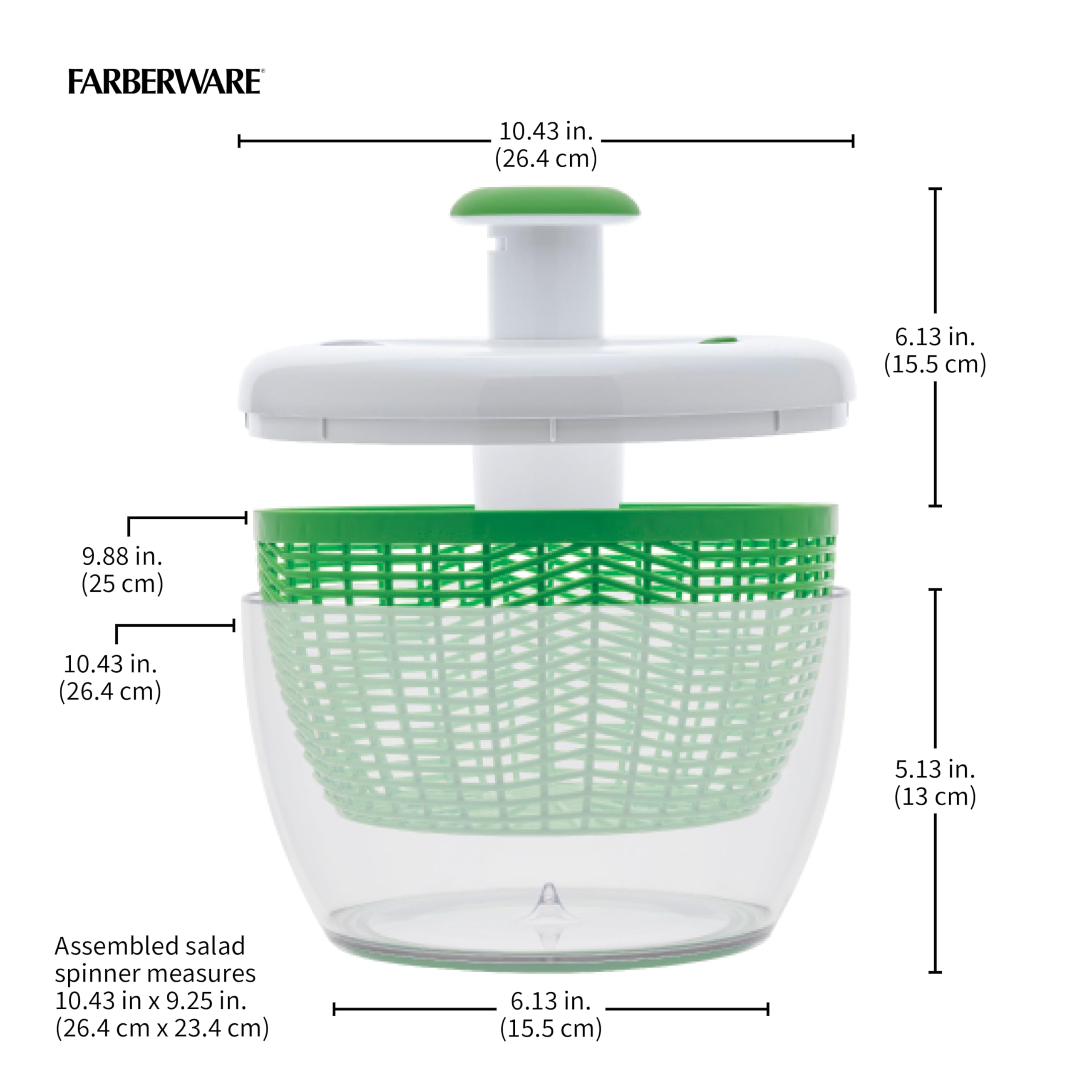 Farberware salad spinner on kitchen counter in lifestyle scene, convenient storage benefit