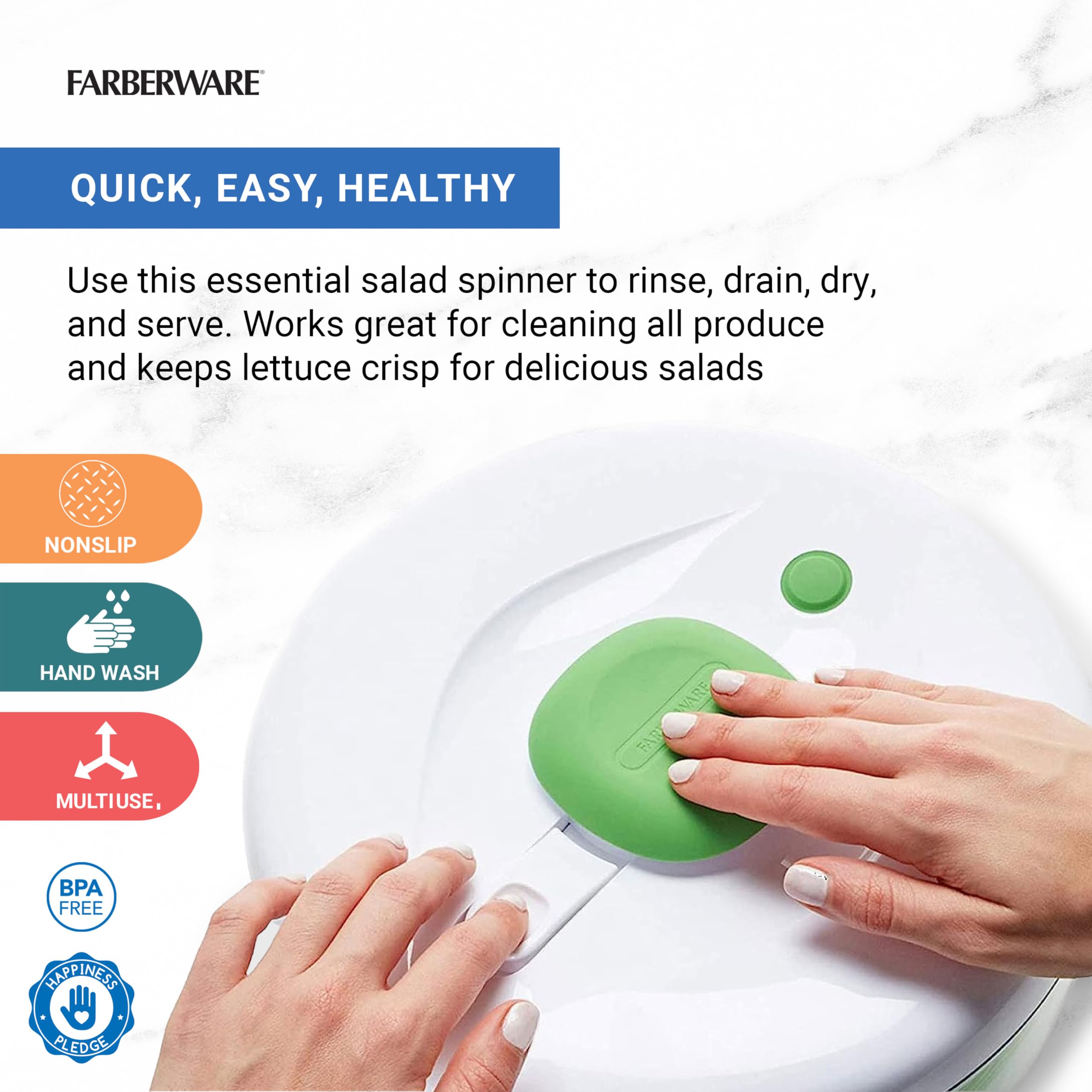 Farberware close-up of soft-touch pump top for one-handed spinning and comfort