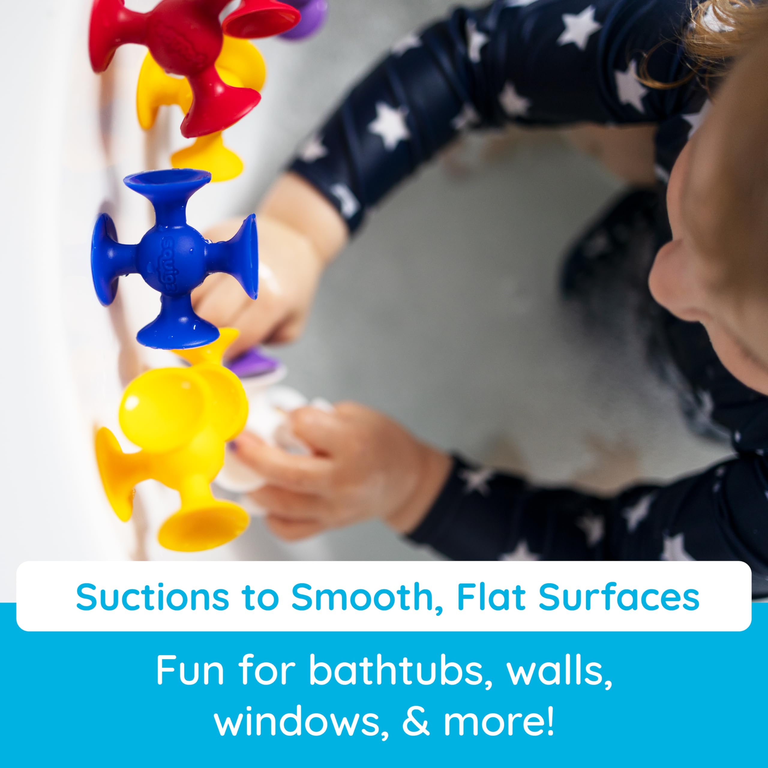 Fat Brain Toys Squigz comparación con mano para visualizar tamaño y facilidad de agarre